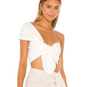XS JBQ Just Bee Queen Sol Top White Linen Ecru OneShoulder Asymmetrical Crop Top